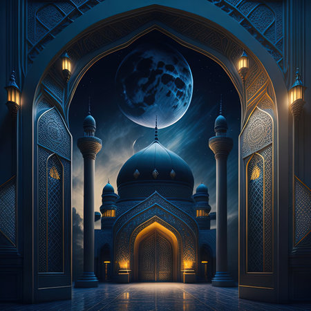 A mosque with a moon in the backgroundの素材