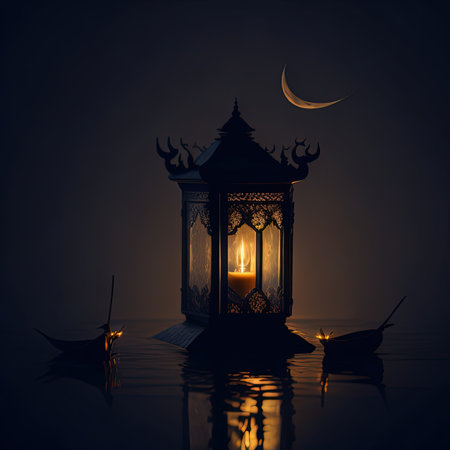 A candle is lit in front of a dark background with moonの写真素材