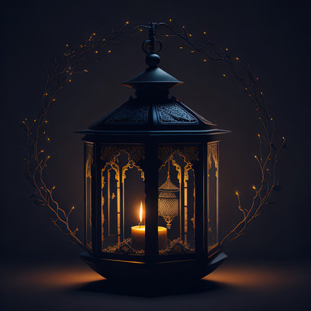 A candle is lit in front of a dark background with moonの写真素材