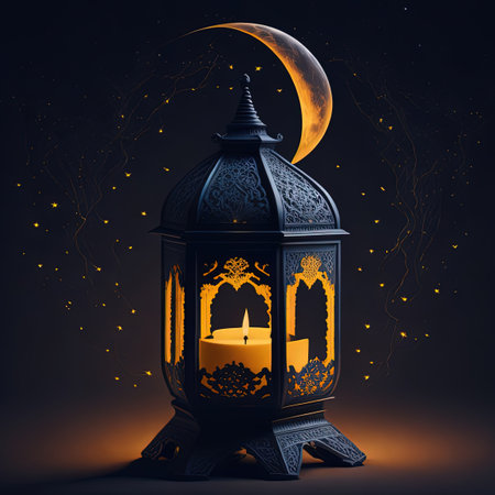 A candle is lit in front of a dark background with moonの写真素材