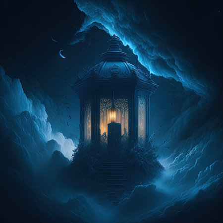 a small lantern in the middle of a dark skyの写真素材