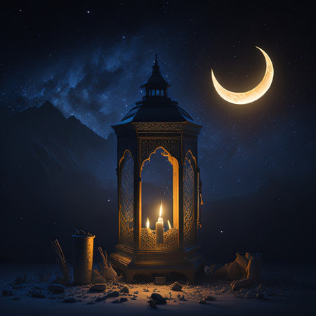 nighttime scene of a lantern with a candle lit in the middleの写真素材