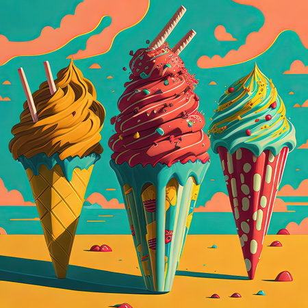 three ice cream cones with straws and a blue sky in the backgroundの写真素材