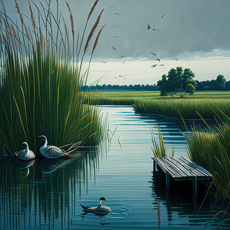 painting of two ducks swimming in a lake with reeds and a dockの写真素材