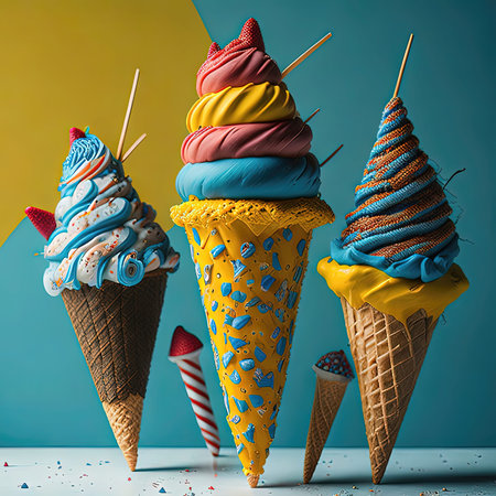 three ice cream cones with different toppings on a table