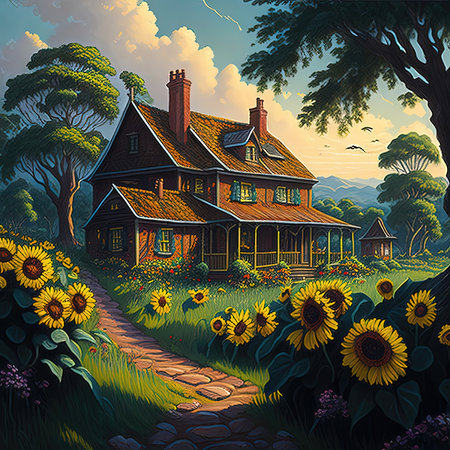 painting of a country house with sunflowers in the foregroundの写真素材