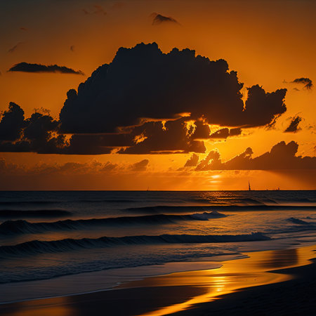 sunset on the beach with a person walking on the sandの素材