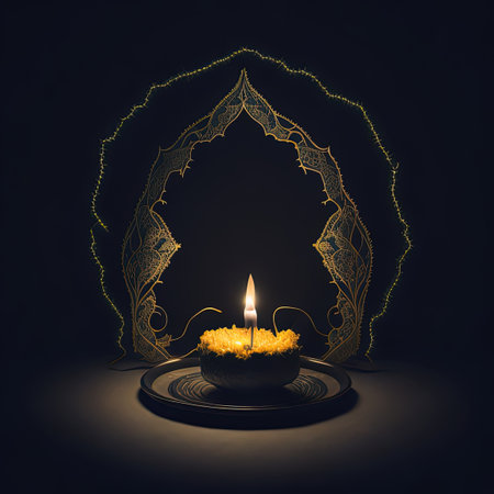 there is a lit candle in a decorative bowl on a plateの素材