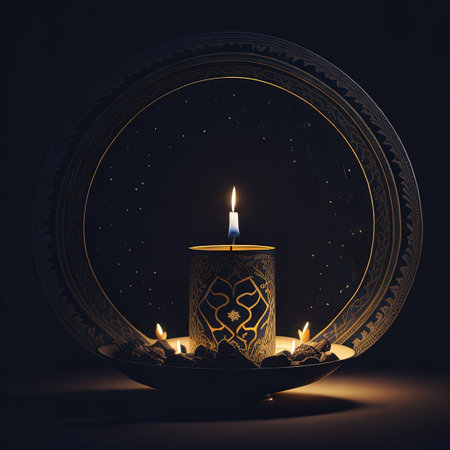 there is a lit candle in a decorative bowl with a black backgroundの素材