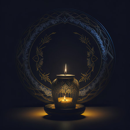 there is a lit candle in a decorative vase with a circular designの素材