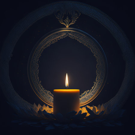 there is a lit candle in a circular frame with a patternの素材