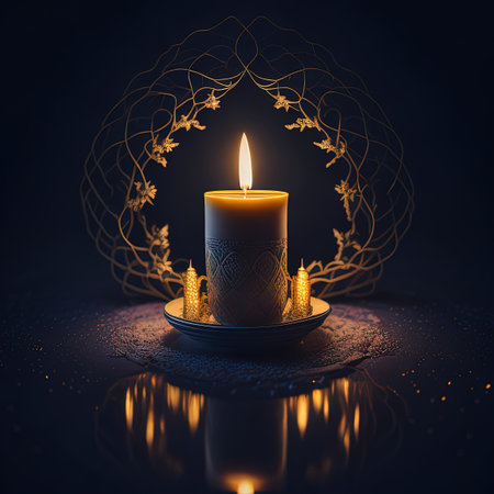 there is a lit candle sitting on a plate with a decorative designの素材