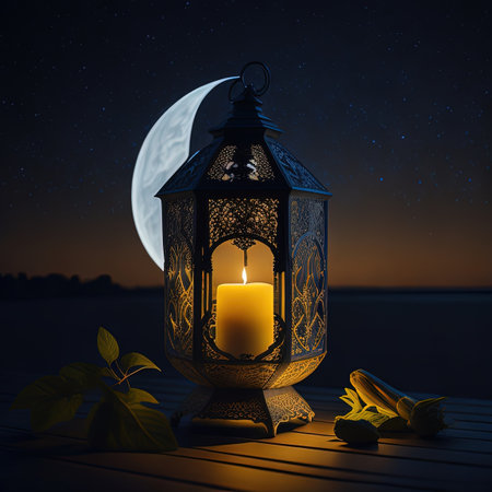 there is a lit candle sitting on a wooden table with a full moon in the backgroundの素材