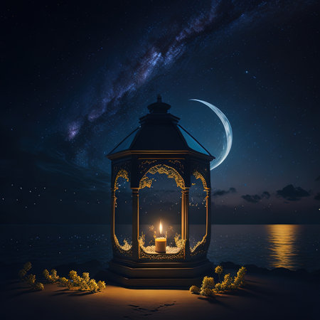 nighttime scene of a lantern with a candle lit on the beachの素材