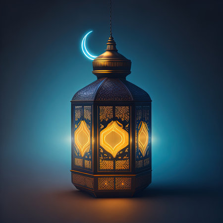 a close up of a lantern with a crescent on a blue backgroundの素材