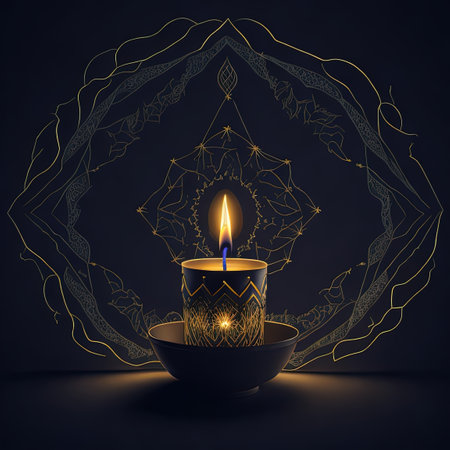 arafed candle with a lit candle holder in front of a circular designの素材
