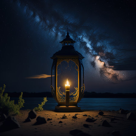 there is a lantern with a candle lit on the beachの素材