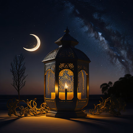 nighttime scene of a lantern with a crescent and a star in the skyの素材
