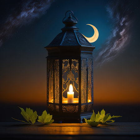 there is a lantern with a candle lit on a wooden tableの素材