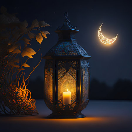 there is a candle that is lit in a lantern with a crescentの素材