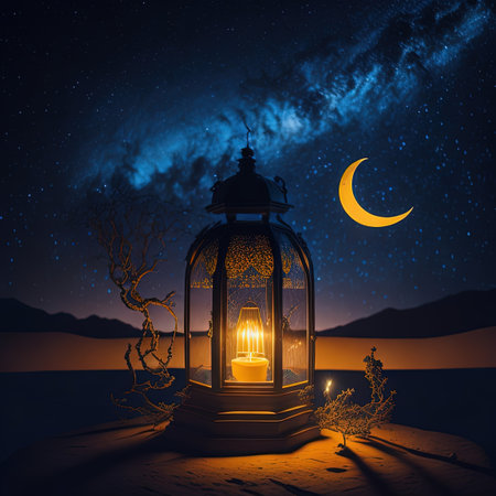 there is a lantern that is lit up in the darkの素材
