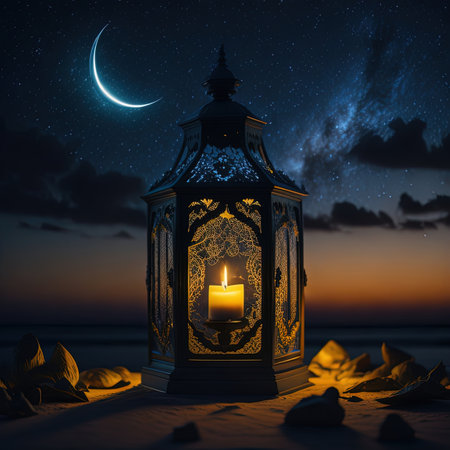 there is a candle that is lit in a lantern on the beachの素材