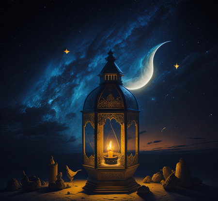 nighttime scene of a lantern with a candle lit in the middleの素材