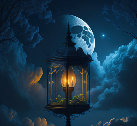 there is a lantern with a candle lit on it in the nightの素材