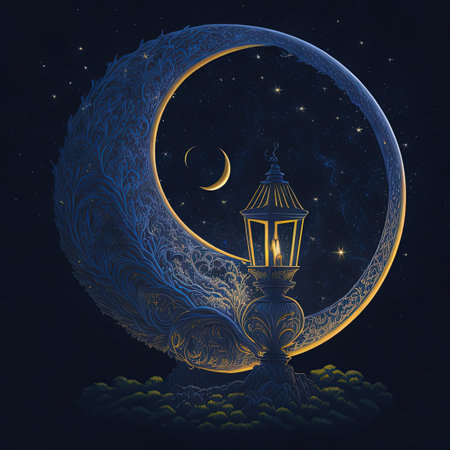 nighttime scene of a crescent with a lantern and a lantern lightの素材