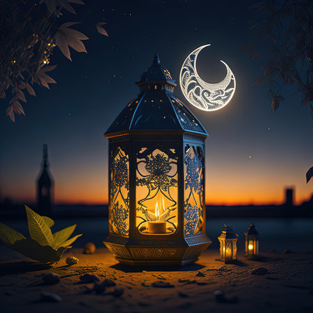 there is a lantern with a crescent and a candle on itの素材