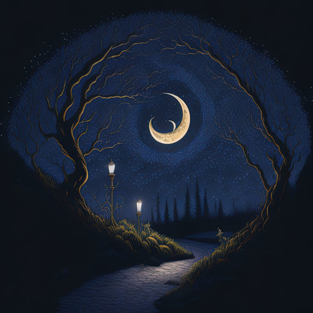 nighttime scene with a crescent and street lights in the foregroundの素材