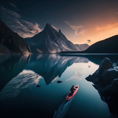 a red boat that is floating in the waterの素材