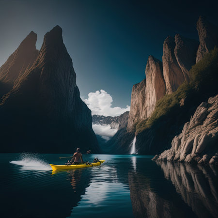 a man in a yellow kayak on a lakeの素材