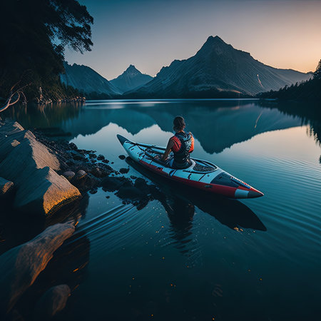 a man sitting on a kayak in the waterの素材
