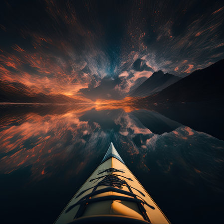 a view of a kayak in the water with a sunset in the backgroundの素材
