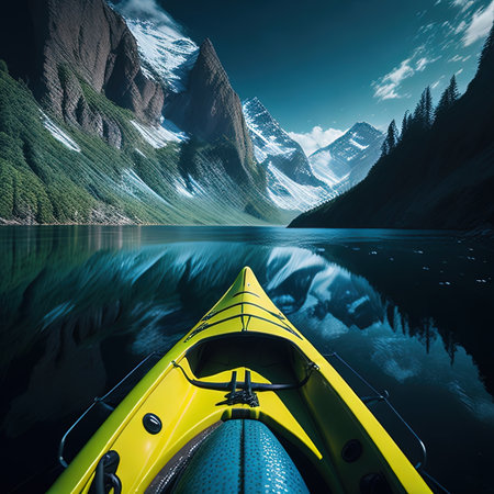 a yellow kayak on the water with mountains in the backgroundの素材