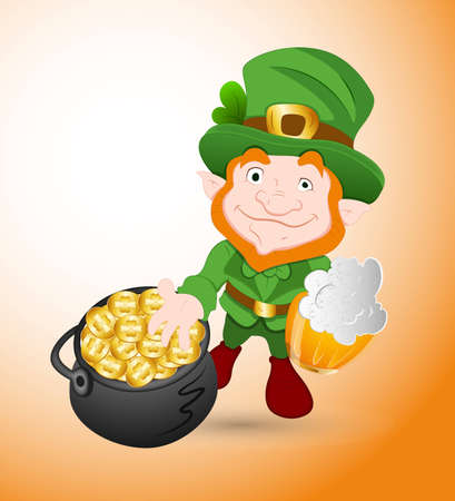 Leprechaun with Beer and Pot of Gold Coinsのイラスト素材