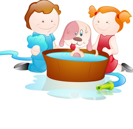 Cartoon Kids Bathing Dogのイラスト素材