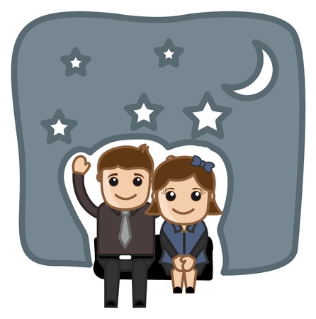Happy Cartoon Couple in Night Illustrationのイラスト素材