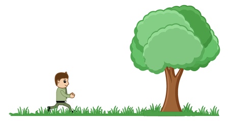 Man Running to a Tree Illustrationのイラスト素材