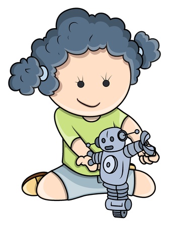 Small Girl Playing with Robots - Vector Cartoon Illustrationのイラスト素材