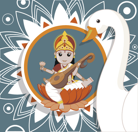 Hindu Goddess Saraswati with White Swanのイラスト素材