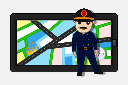 Firefighter Locating a Place on Map in Tablet for Rescueのイラスト素材