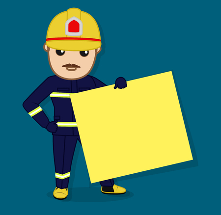 Cartoon Fireman Showing a Blank Bannerのイラスト素材
