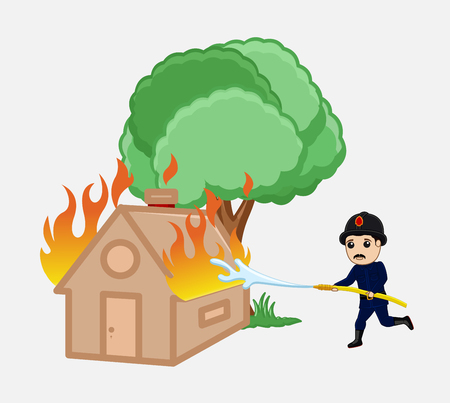 Firefighter Running with Fire Hose to Rescue the Torched Houseのイラスト素材