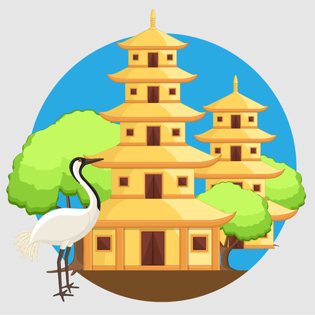 Chinese Temple with Crane Bird Vector Illustrationのイラスト素材