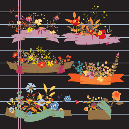 Beautiful Flowers Greeting Banners on Black Paperのイラスト素材