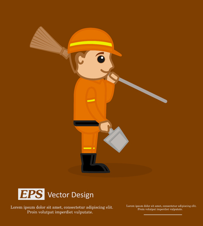 Happy Sweeper Character with Broom and Dustpanのイラスト素材