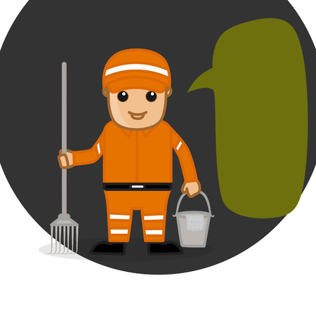 A Sweeper Holding a Rake and Water Bucketのイラスト素材