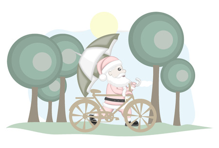 Santa Claus Riding Cycle and Holding an Umbrellaのイラスト素材